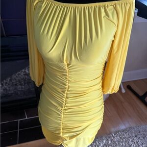 Yellow Off-Shoulder Ruched Dress